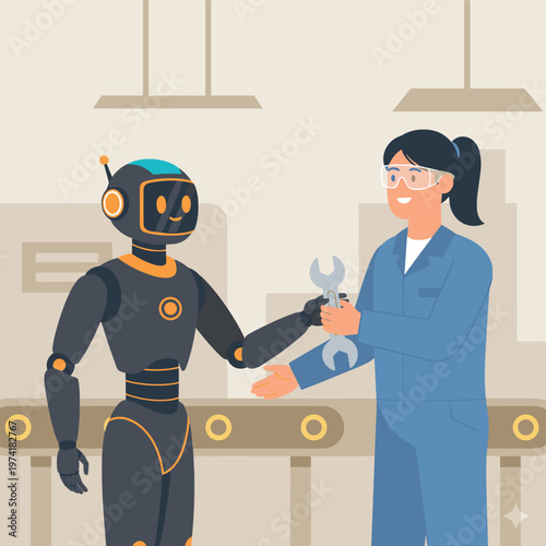 Concept flat vector illustration of manufacturing and AI robots.