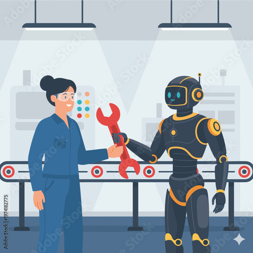 Concept flat vector illustration of manufacturing and AI robots.