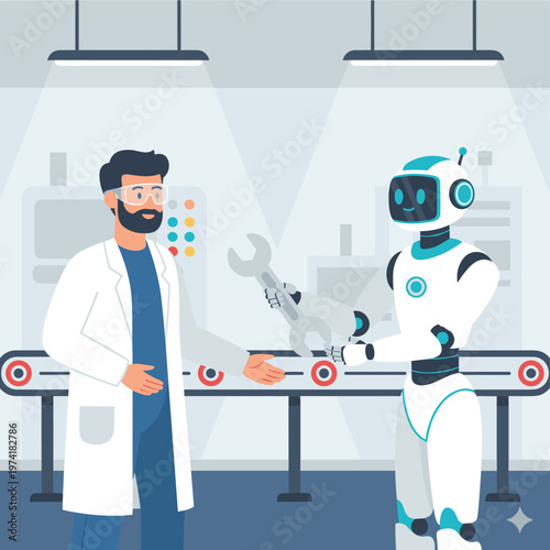 Concept flat vector illustration of manufacturing and AI robots.