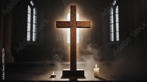 Wooden Cross in a Dark Church with Atmospheric Smoke and Candles