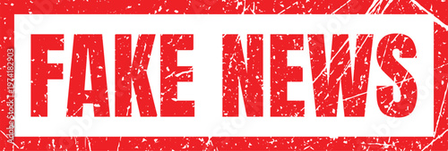 Red fake news stamp with white rectangle and distressed texture background