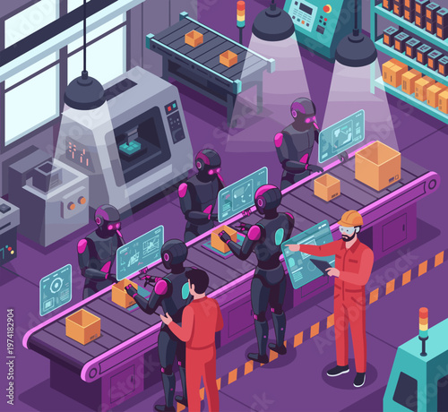 Concept flat vector illustration of manufacturing and AI robots.