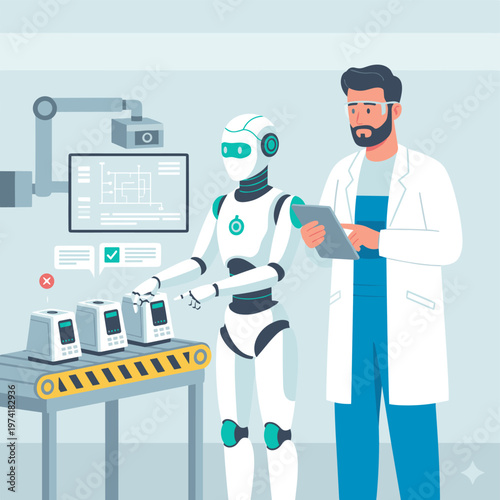 Concept flat vector illustration of manufacturing and AI robots.