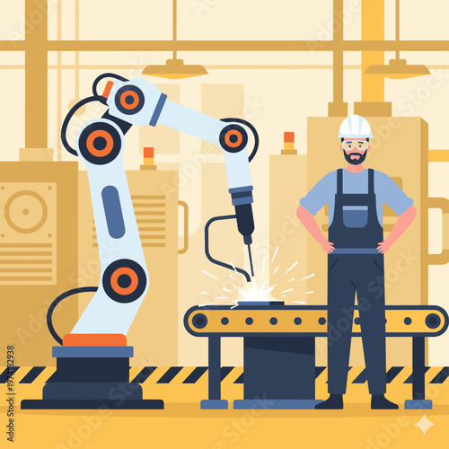 Concept flat vector illustration of manufacturing and AI robots.