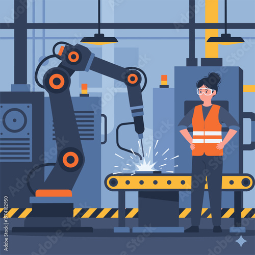 Concept flat vector illustration of manufacturing and AI robots.