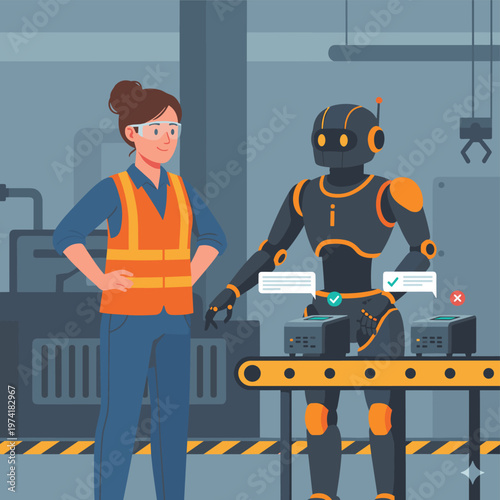 Concept flat vector illustration of manufacturing and AI robots.