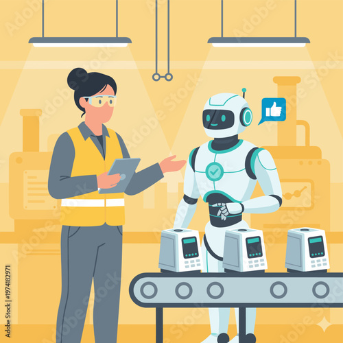 Concept flat vector illustration of manufacturing and AI robots.
