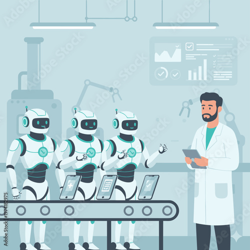 Concept flat vector illustration of manufacturing and AI robots.