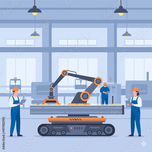 Concept flat vector illustration of manufacturing and AI robots.