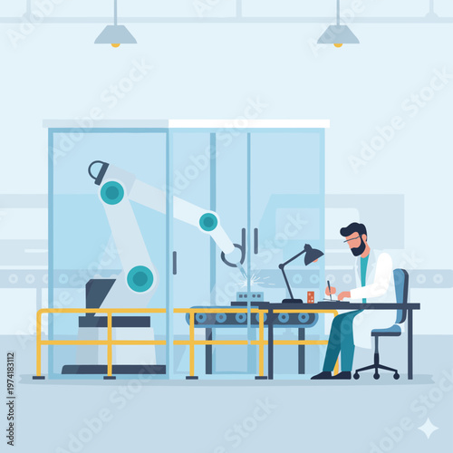 Concept flat vector illustration of manufacturing and AI robots.