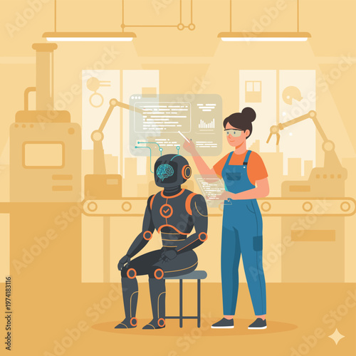 Concept flat vector illustration of manufacturing and AI robots.