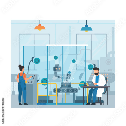 Concept flat vector illustration of manufacturing and AI robots.
