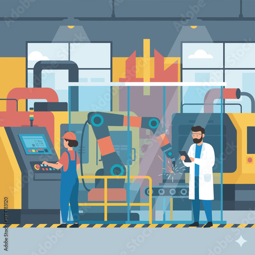 Concept flat vector illustration of manufacturing and AI robots.