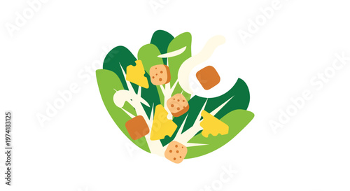 A simple, illustrated salad, featuring a bed of stylized greens with croutons, cheese, and a fried egg element, all against a clean white backdrop