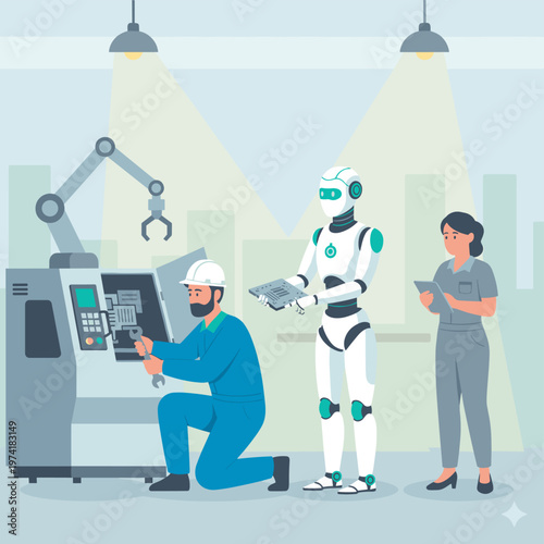 Concept flat vector illustration of manufacturing and AI robots.