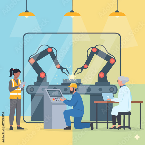 Concept flat vector illustration of manufacturing and AI robots.