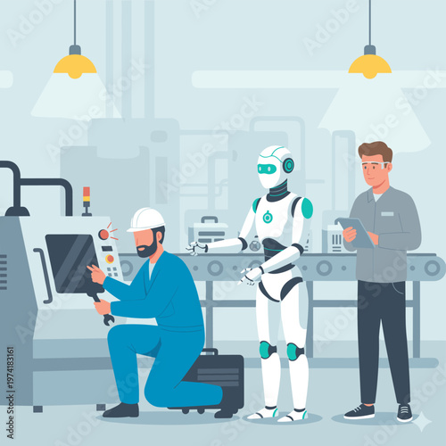 Concept flat vector illustration of manufacturing and AI robots.