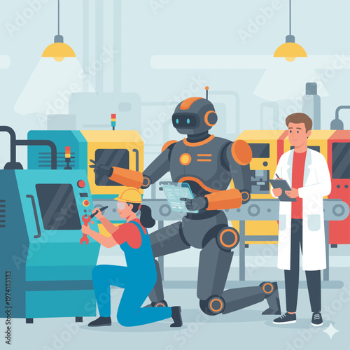 Concept flat vector illustration of manufacturing and AI robots.