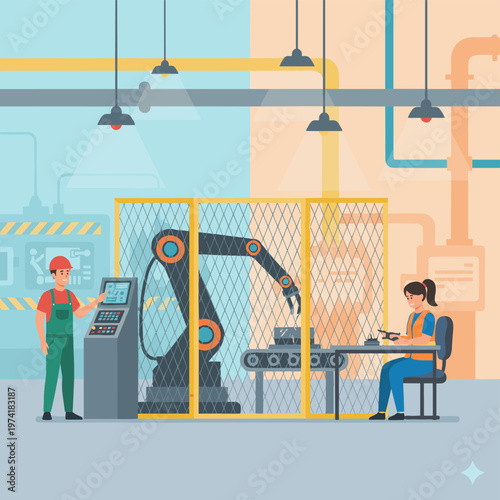 Concept flat vector illustration of manufacturing and AI robots.