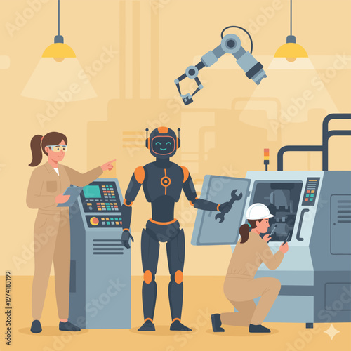 Concept flat vector illustration of manufacturing and AI robots.