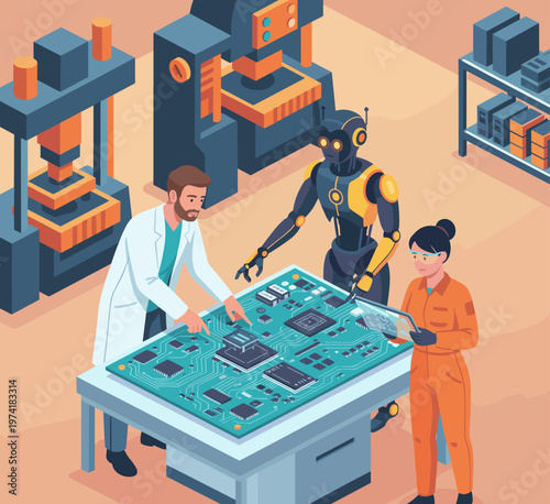 Concept flat vector illustration of manufacturing and AI robots.