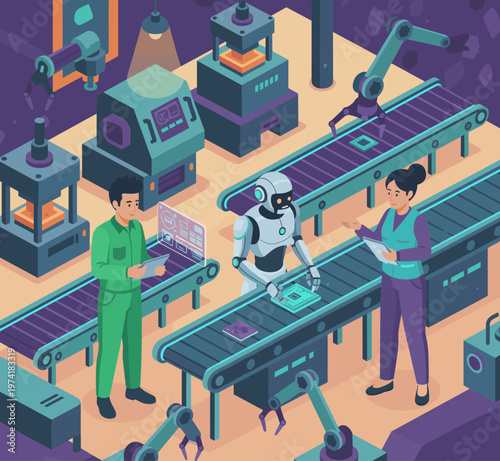 Concept flat vector illustration of manufacturing and AI robots.