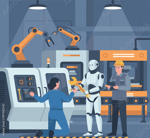 Concept flat vector illustration of manufacturing and AI robots.