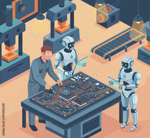 Concept flat vector illustration of manufacturing and AI robots.