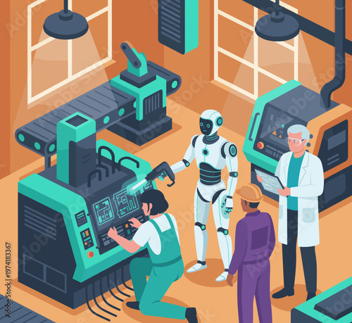 Concept flat vector illustration of manufacturing and AI robots.