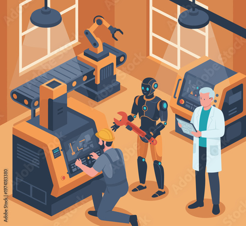 Concept flat vector illustration of manufacturing and AI robots.