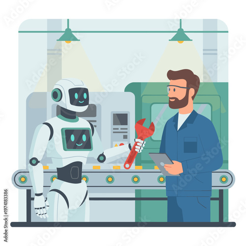 Concept flat vector illustration of manufacturing and AI robots.
