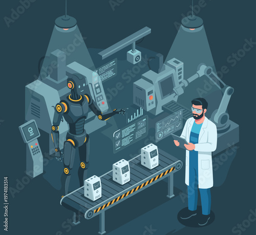 Concept flat vector illustration of manufacturing and AI robots.