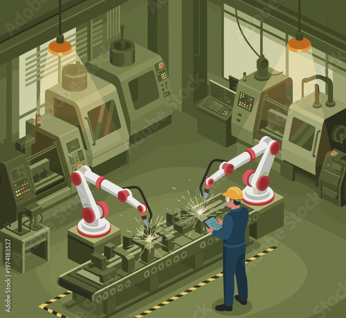 Concept flat vector illustration of manufacturing and AI robots.