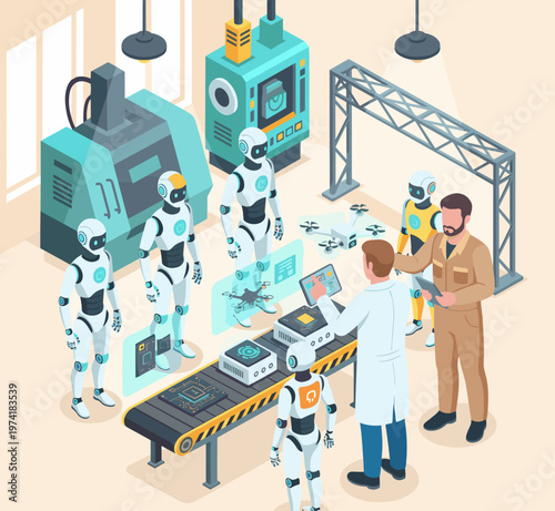 Concept flat vector illustration of manufacturing and AI robots.