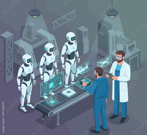 Concept flat vector illustration of manufacturing and AI robots.