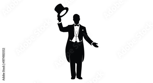 A dapper gentleman in a suit and top hat tipping his hat silhouette