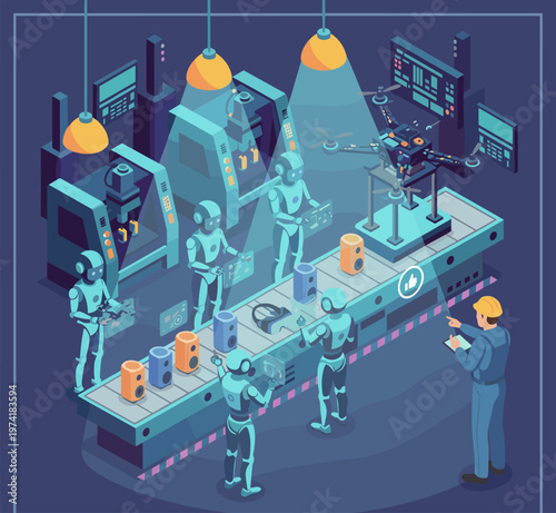Concept flat vector illustration of manufacturing and AI robots.