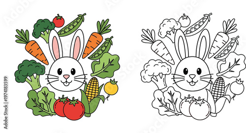 Cute cartoon white bunny rabbit surrounded by healthy fresh vegetables. Vector illustration includes colorful version and black and white outline for kids coloring book page.