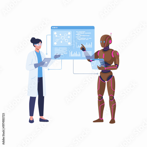 Concept flat vector illustration of manufacturing and AI robots.