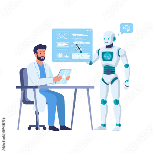 Concept flat vector illustration of manufacturing and AI robots.