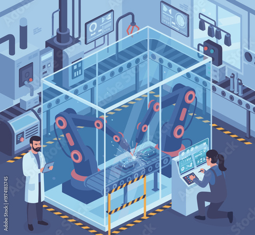 Concept flat vector illustration of manufacturing and AI robots.