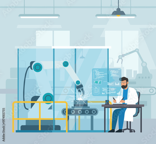 Concept flat vector illustration of manufacturing and AI robots.