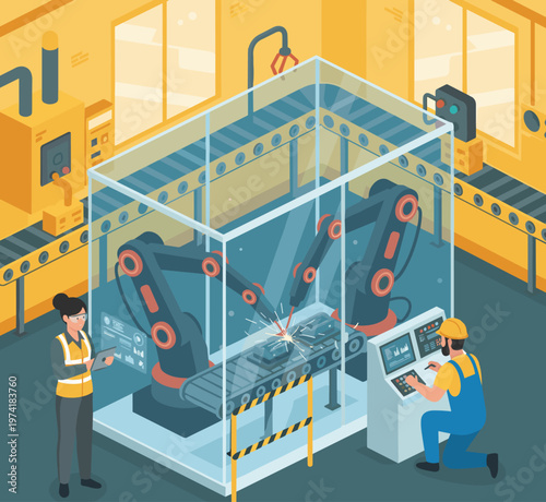 Concept flat vector illustration of manufacturing and AI robots.