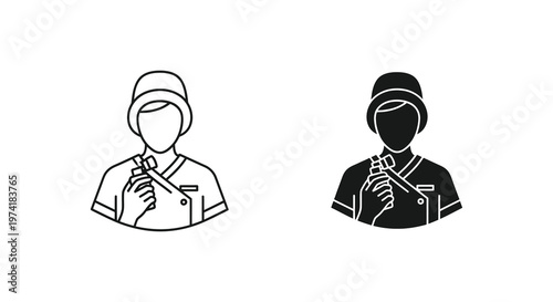 Two depictions of a nurse holding a syringe contrasting styles silhouette