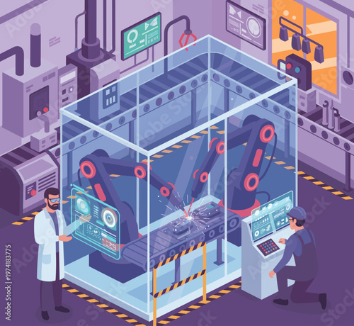 Concept flat vector illustration of manufacturing and AI robots.