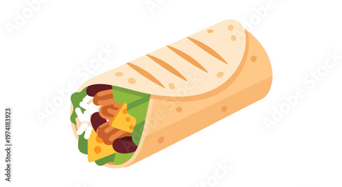 A flat illustration of a wrapped food item, filled with various ingredients. The outer layer is a golden wrap