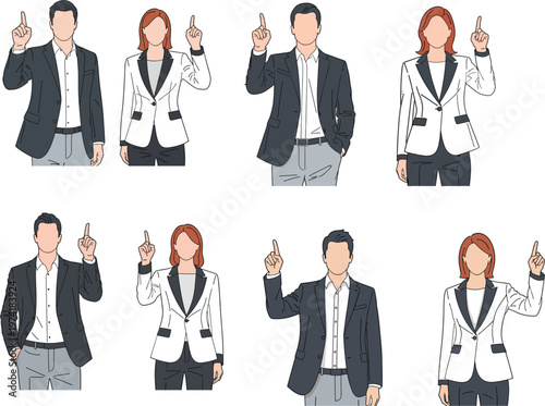 Professional business team pointing up finger for idea success and corporate leadership solution character