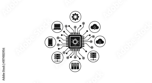 Microchip with connected icons.
