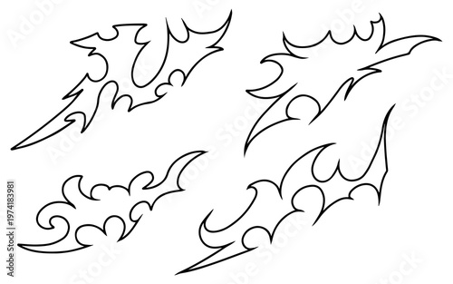 Four abstract tribal-style flame or bat-wing like decorative design elements with sharp edges and flowing curves, outlined in black on a white background.