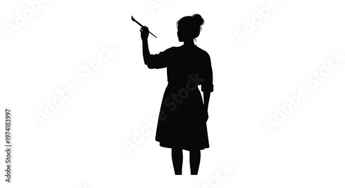 Woman gesturing with a pen full body view stark black silhouette